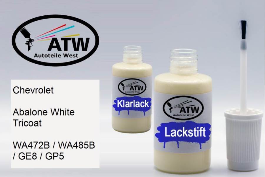 Chevrolet, Abalone White Tricoat, WA472B / WA485B / GE8 / GP5: 20ml Lackstift + 20ml Klarlack - Set, von ATW Autoteile West.